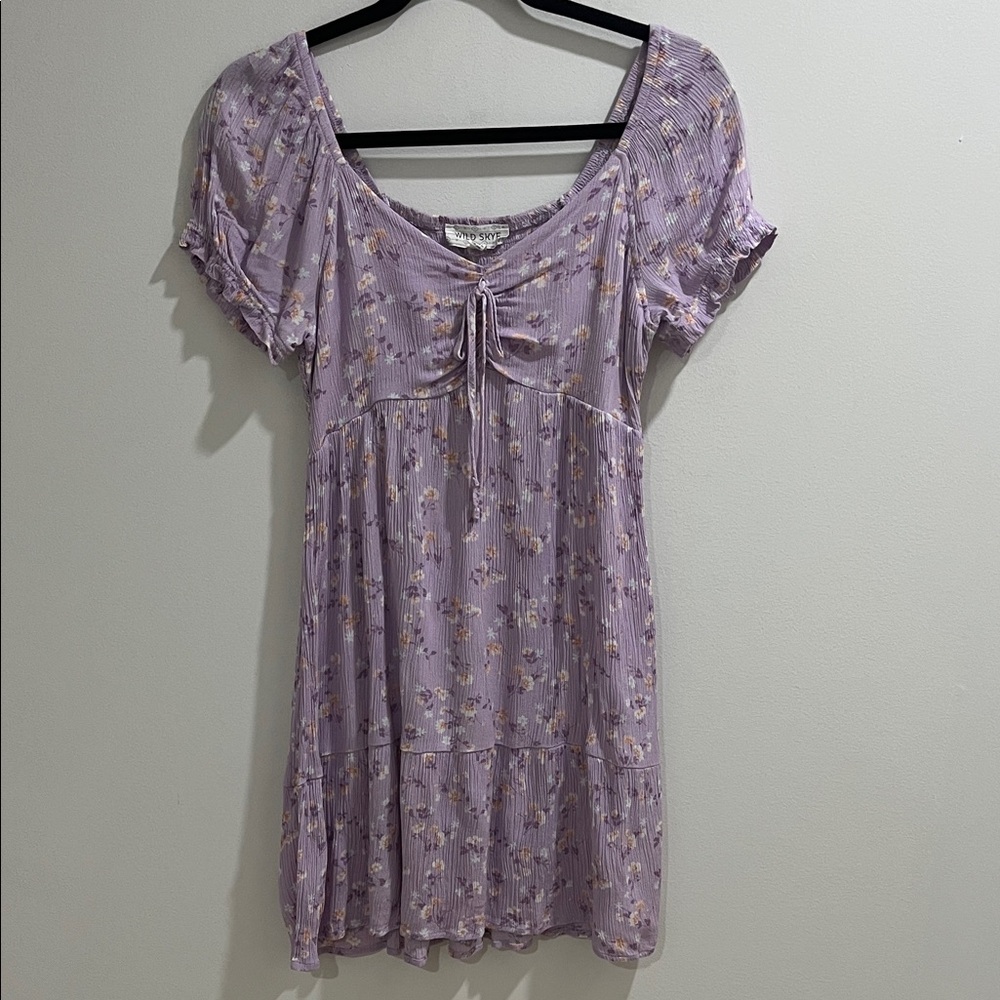 Wild Skye Women’s Dress Small Lilac Floral Cottagecore Mini Smocked Stretch Bow